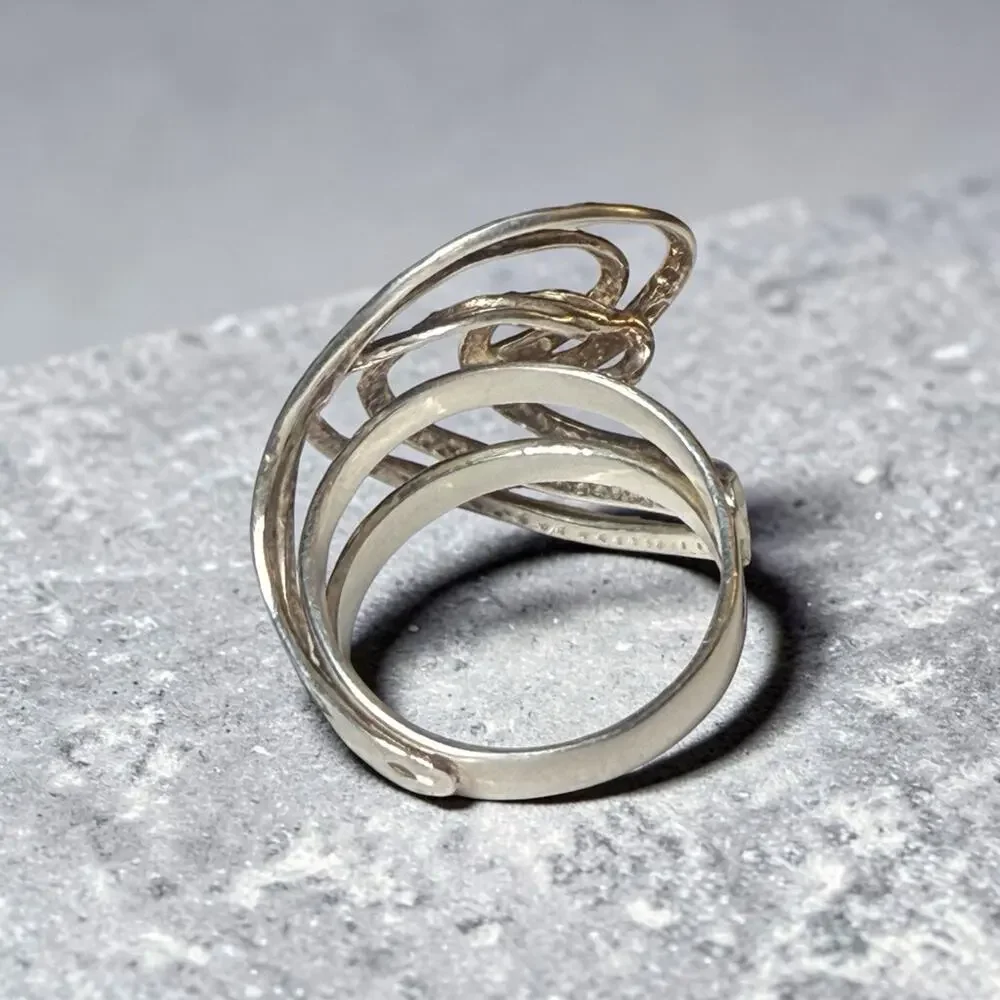 Vintage Sterling Silver 925 Hammered Abstract Modernist Swirl Ring Size 10